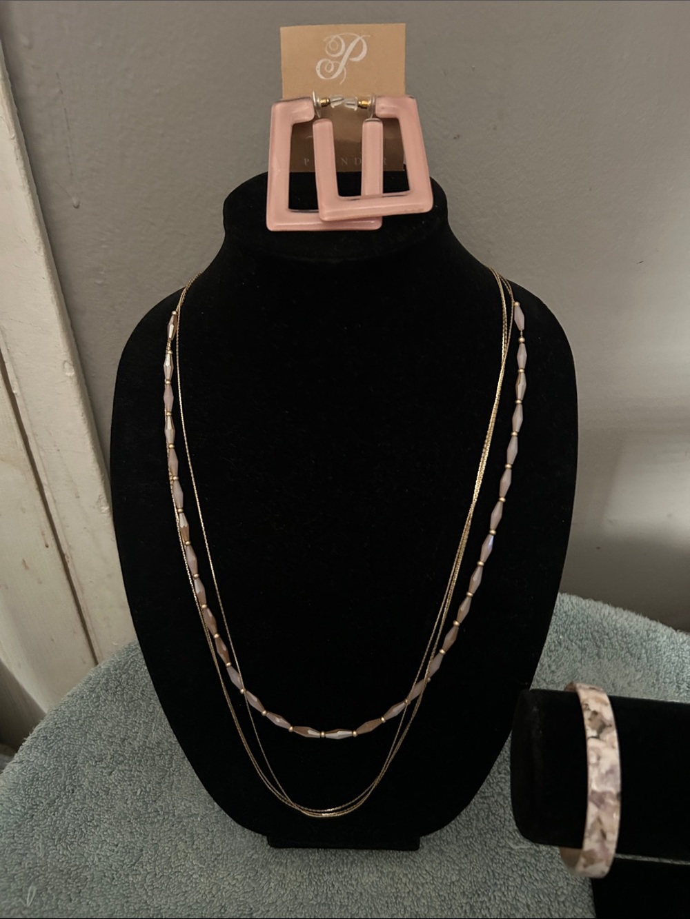 Pink Multi-Strand Necklace, earrings and Resin Bracelet Set